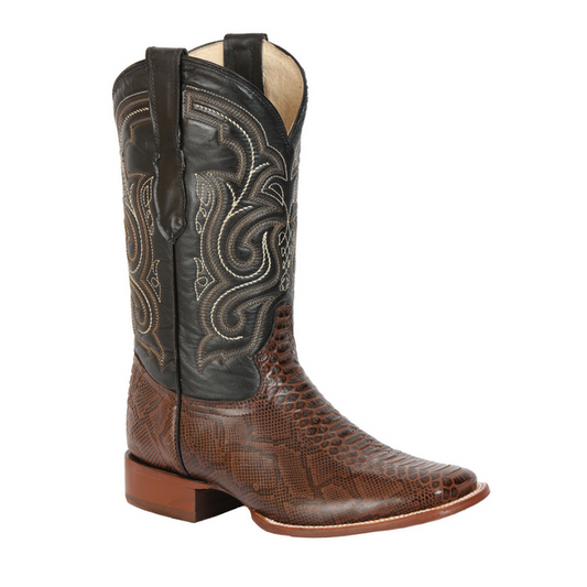 Brown cowboy boot with intricate stitching
