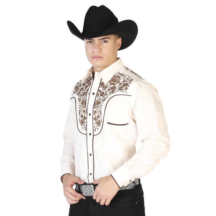 El General men’s cream Western shirt with bronze embroidered yoke front view