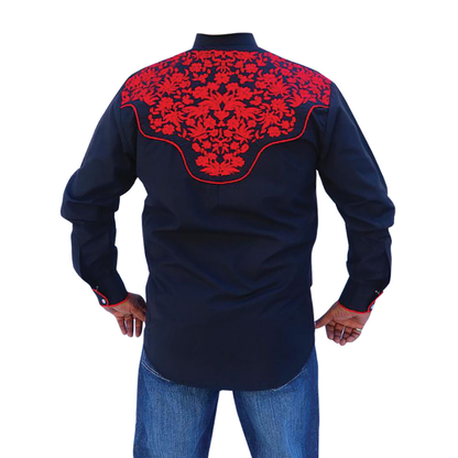 El General men’s black Western shirt with red embroidered yoke back view