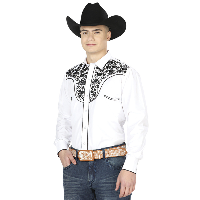 El General men’s white Western shirt with black embroidered yoke front view