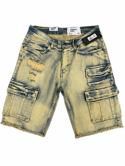 Evolution men's staple denim shorts in ice tint, casual fit, with distressed details and classic five-pocket design.