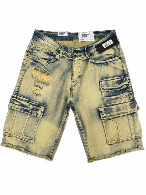 Evolution men's staple denim shorts in ice tint, casual fit, with distressed details and classic five-pocket design.