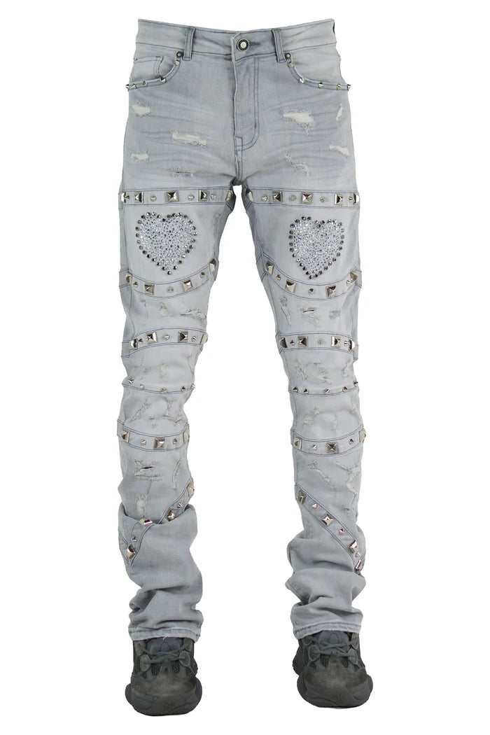 Focus Heart Breaker distressed denim jacket with stacked rhinestones in grey, featuring a stylish, worn-in look and embellished details.