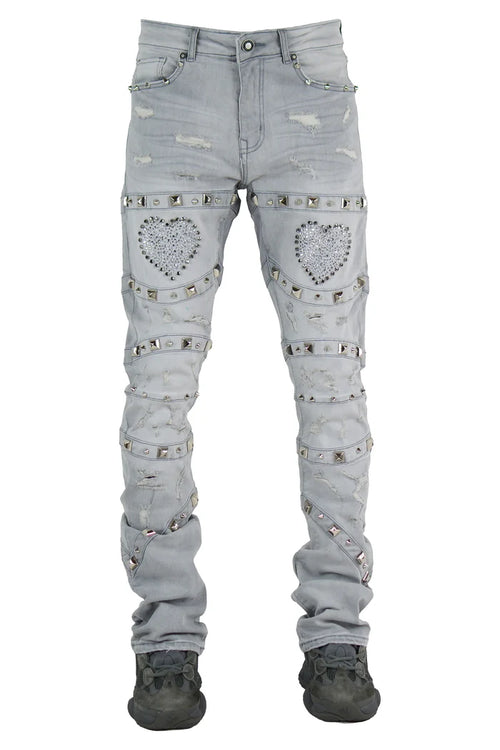 Focus Heart Breaker distressed denim jacket with stacked rhinestones in grey, featuring a stylish, worn-in look and embellished details.