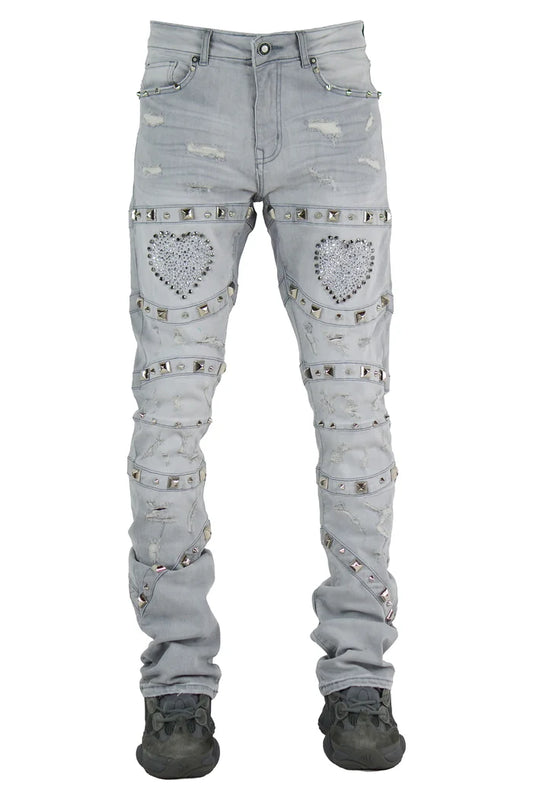 Focus Heart Breaker distressed denim jacket with stacked rhinestones in grey, featuring a stylish, worn-in look and embellished details.