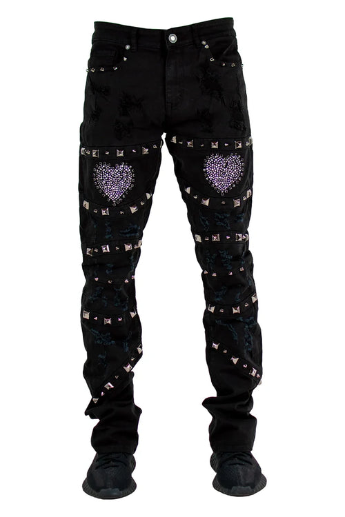 Focus Heart Breaker distressed denim jacket with rhinestones, stacked design in jet black, casual stylish denim outerwear.