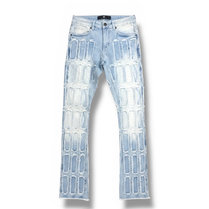 Focus Multilayer Stone Stacked Rhinestone Denim in Ice Blue, stylish denim with rhinestone embellishments and layered stone design.