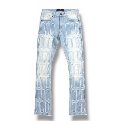 Focus Multilayer Stone Stacked Rhinestone Denim in Ice Blue, stylish denim with rhinestone embellishments and layered stone design.