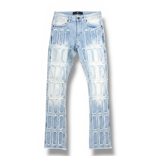 Focus Multilayer Stone Stacked Rhinestone Denim in Ice Blue, stylish denim with rhinestone embellishments and layered stone design.