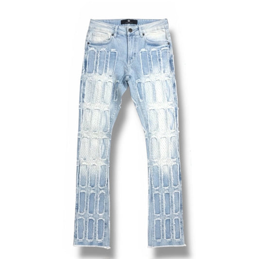 Focus Multilayer Stone Stacked Rhinestone Denim in Ice Blue, stylish denim with rhinestone embellishments and layered stone design.