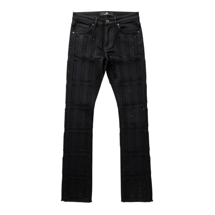 Focus Multilayer Stone Stacked Rhinestone Denim in Jet Black, stylish denim jeans with rhinestone embellishments.