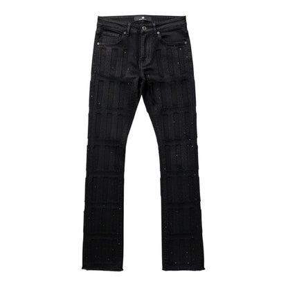 Focus Multilayer Stone Stacked Rhinestone Denim in Jet Black, stylish denim jeans with rhinestone embellishments.