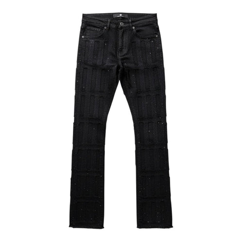 Focus Multilayer Stone Stacked Rhinestone Denim in Jet Black, stylish denim jeans with rhinestone embellishments.
