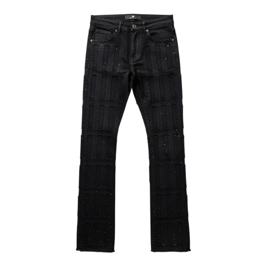Focus Multilayer Stone Stacked Rhinestone Denim in Jet Black, stylish denim jeans with rhinestone embellishments.