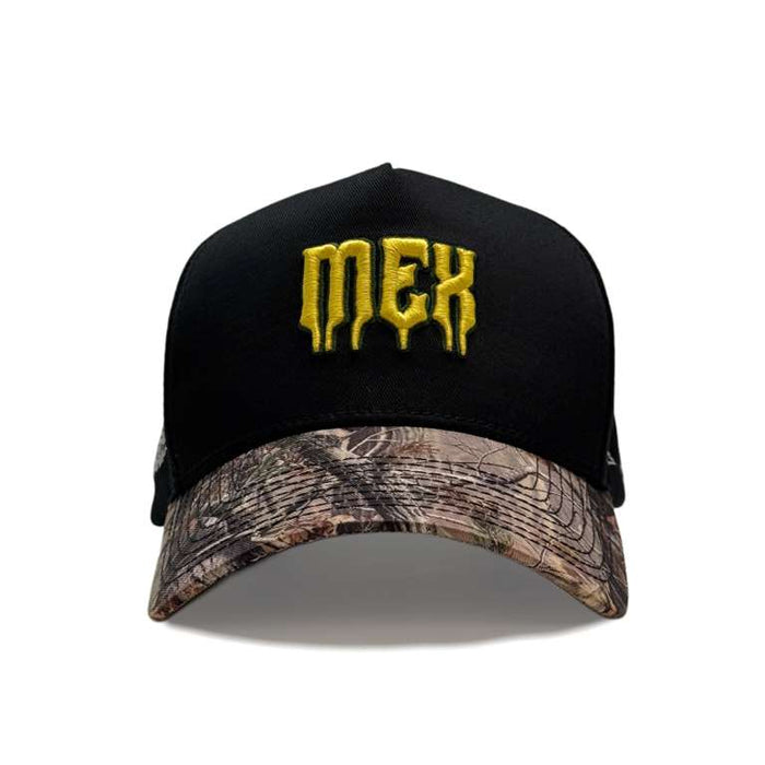 Shop the 45 Hats MEX World Cup snapback featuring bold gold embroidery, camo curved brim, and soccer-inspired Mexico detailing.