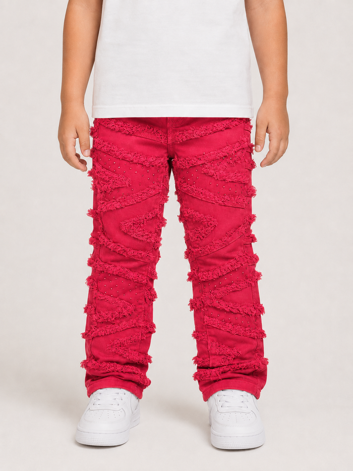 FWRD Kids stacked slash red denim jeans with distressed detailing and a slim fit style.
