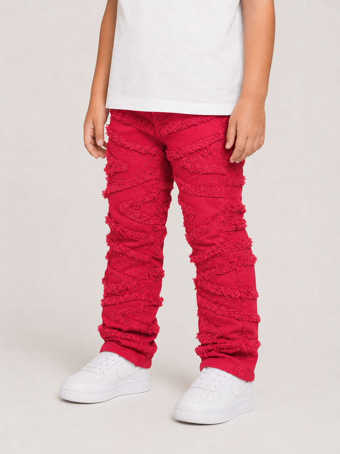 FWRD Kids stacked slash red denim jeans with distressed details, casual style, and classic fit.