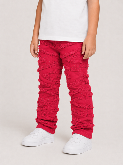 FWRD Kids stacked slash red denim jeans with distressed details, casual style, and classic fit.