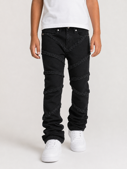 FWRD Kids Fray Crystal slim straight denim jeans in jet black, showcasing the denim fabric and stylish fit.