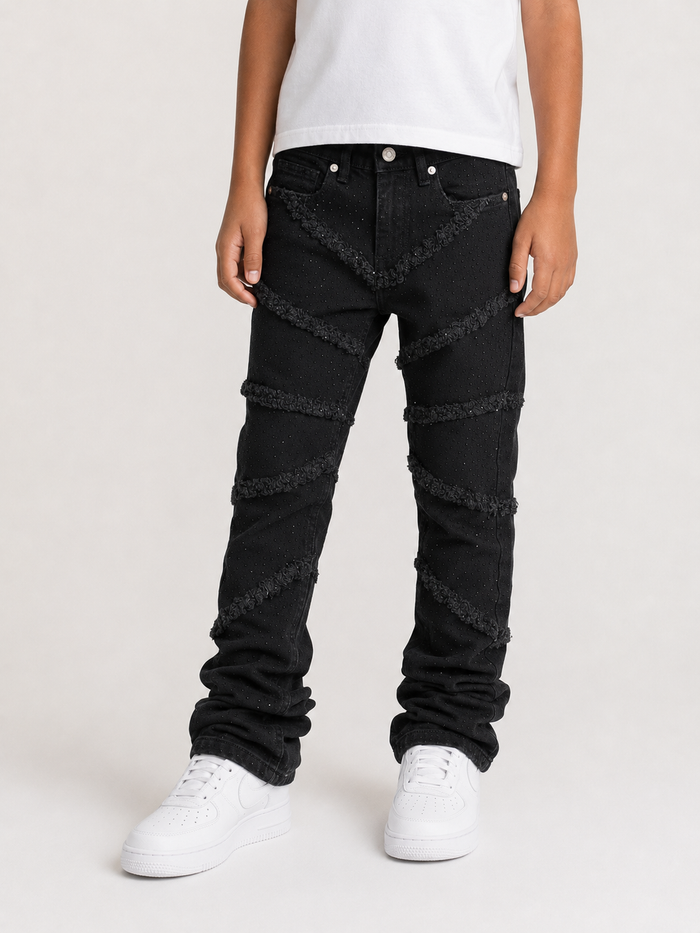 FWRD Kids Fray Crystal slim straight denim jeans in jet black, displayed with front and back views.