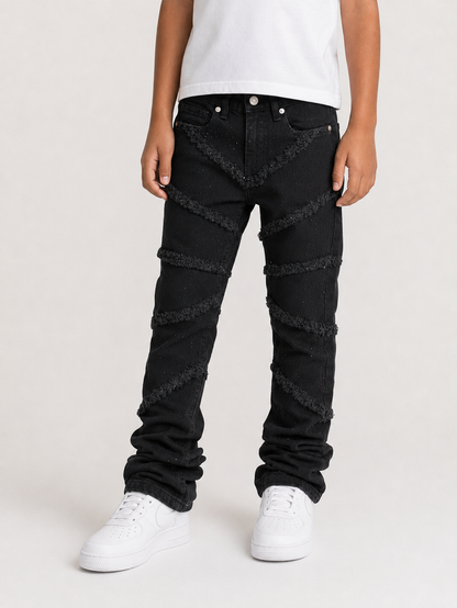 FWRD Kids Fray Crystal slim straight denim jeans in jet black, displayed with front and back views.