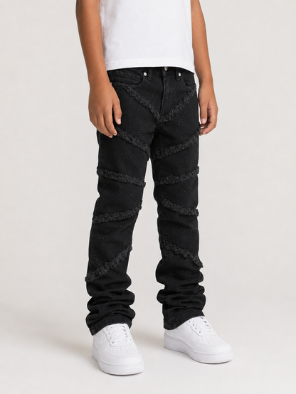 FWRD Kids Fray Crystal slim straight denim jeans in jet black, featuring distressed details and classic five-pocket design.