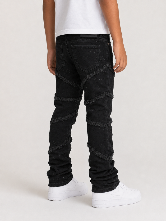 FWRD Kids Fray Crystal slim straight denim jeans in jet black, showcasing the denim fabric and stylish fit.