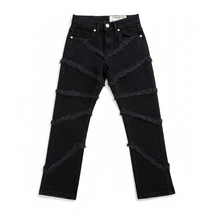 FWRD Kids Fray Crystal slim straight denim jeans in jet black, showing the denim fabric and frayed hem details.