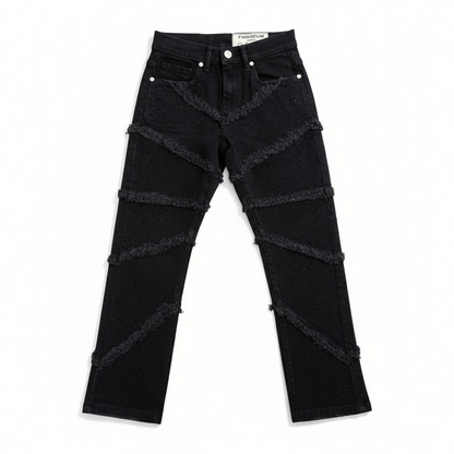 FWRD Kids Fray Crystal slim straight denim jeans in jet black, showing the denim fabric and frayed hem details.