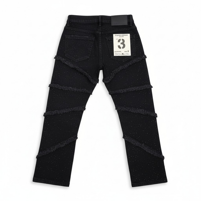 FWRD Kids Fray Crystal Slim Straight Denim in Jet Black, showing the dark black denim fabric with subtle fading and classic stitching details.