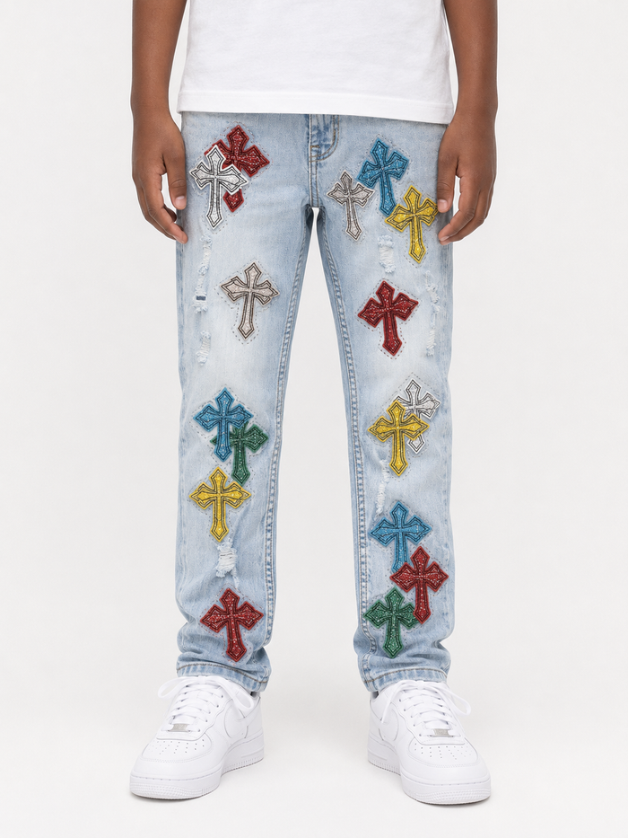 FWRD Kids Crystalized Templar denim jeans in ice blue, stylish kids' denim with a modern fit and crystal detailing.