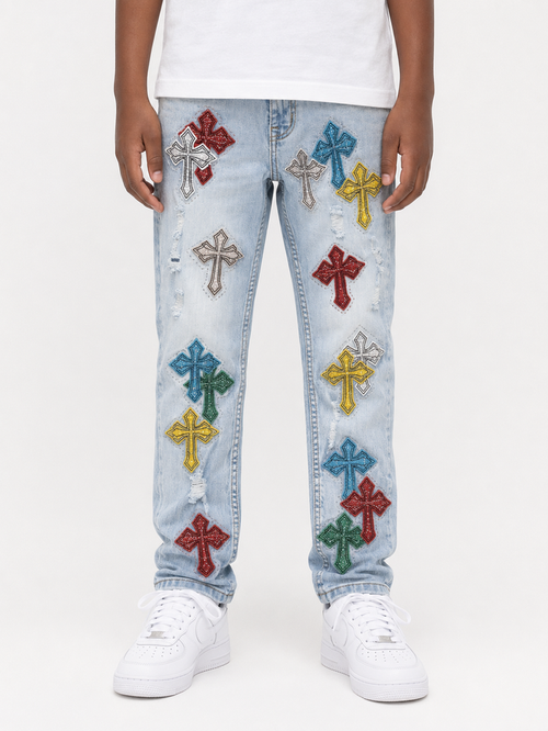 FWRD Kids Crystalized Templar denim jeans in ice blue, stylish kids' denim with a modern fit and crystal detailing.