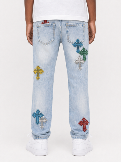 FWRD Kids Crystalized Templar denim jeans in ice blue, stylish kids' denim pants with detailed crystal embellishments.