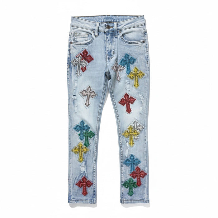 FWRD Kids Crystalized Templar denim jeans in ice blue, kids' denim with a stylish, textured design and classic fit.