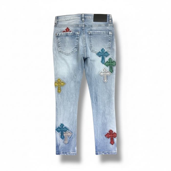 Ice blue FWRD Kids Crystalized Templar denim jeans for kids, showing the stylish design and fit of the denim.