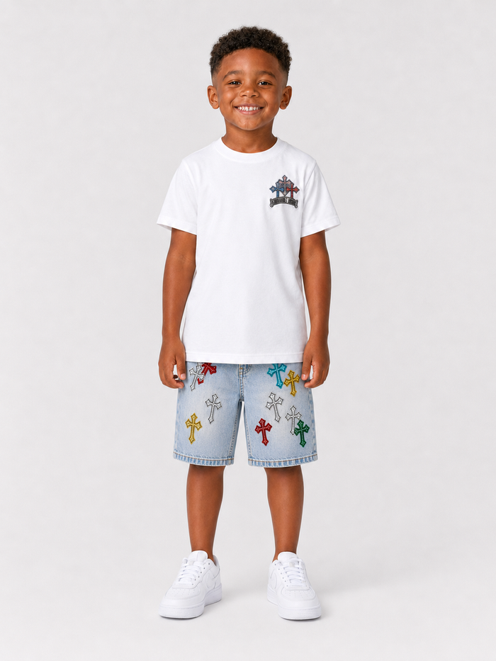 White FWRD Kids Crystalized Templar rhinestone T-shirt for kids, featuring sparkling embellishments and a casual fit.