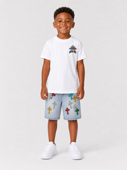 White FWRD Kids Crystalized Templar rhinestone T-shirt for kids, featuring sparkling embellishments and a casual fit.