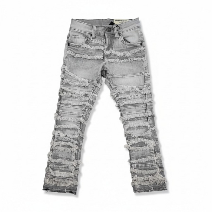 FWRD Kids distressed gray denim jeans with frayed hems and stacked design, showcasing a trendy, casual denim style.