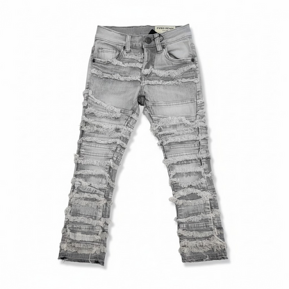 FWRD Kids distressed gray denim jeans with frayed hems and stacked design, showcasing a trendy, casual denim style.