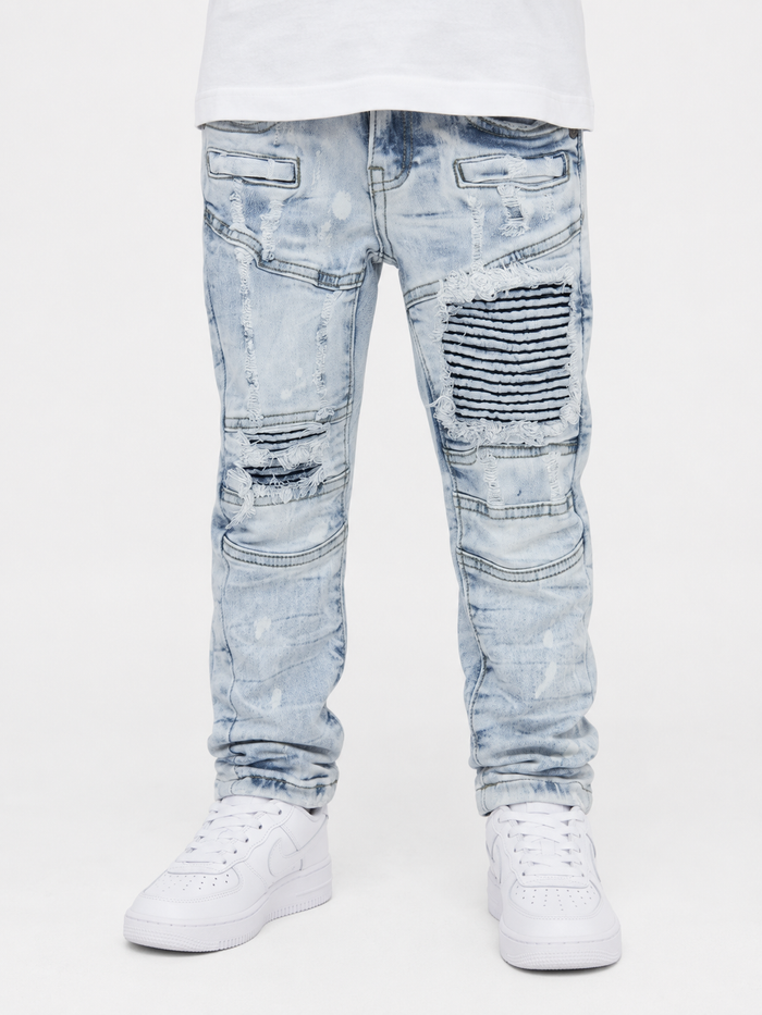 Ice blue FWRD Kids Moto Denim jeans for children, featuring classic denim style and stitching details.