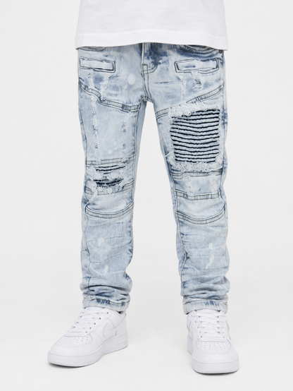 Ice blue FWRD Kids Moto Denim jeans for children, featuring classic denim style and stitching details.