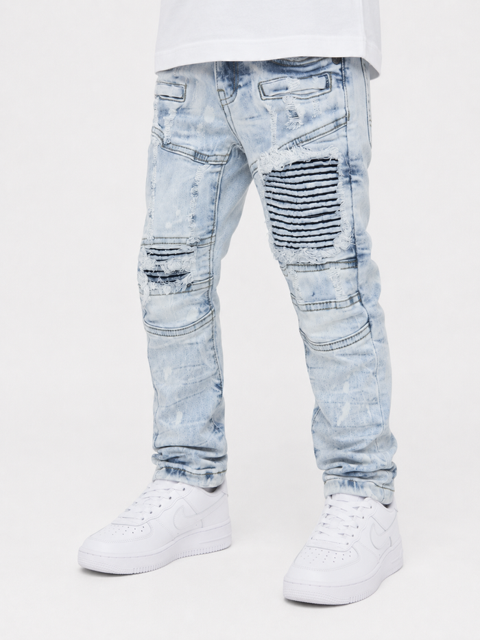 FWRD Kids Ice Blue Moto Denim jeans for kids, featuring classic denim style with a modern fit and branded details.
