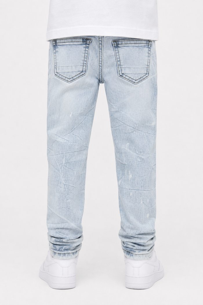 Ice blue FWRD Kids Moto Denim jeans, kids denim pants with a stylish fit and classic design, by FWRD KIDS.