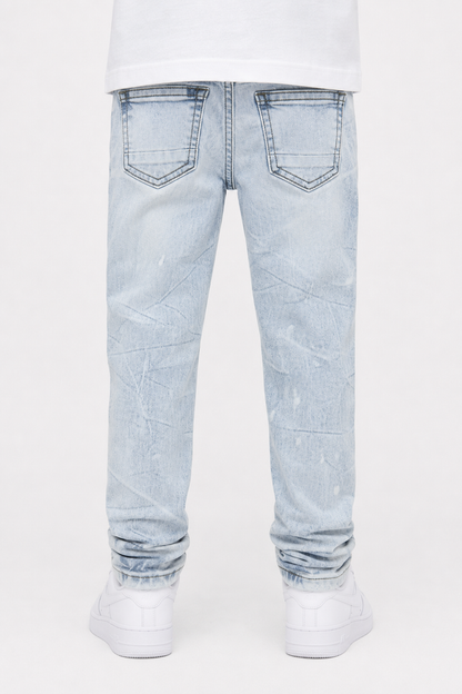 Ice blue FWRD Kids Moto Denim jeans, kids denim pants with a stylish fit and classic design, by FWRD KIDS.