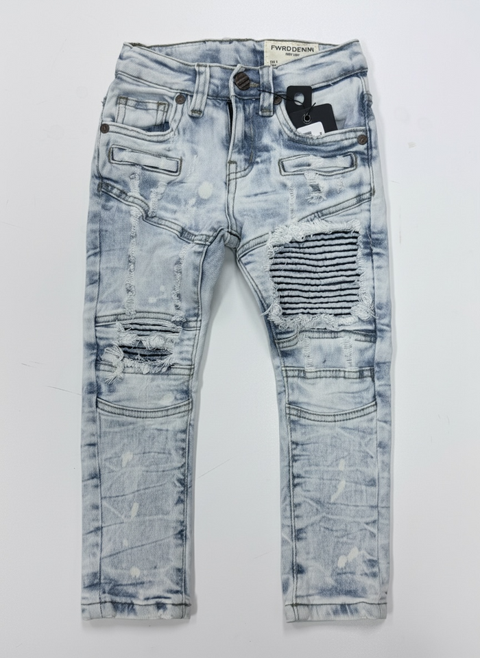 FWRD Kids Moto Denim in ice blue, kids denim jacket featuring a stylish moto design with front pockets and metal zipper details.