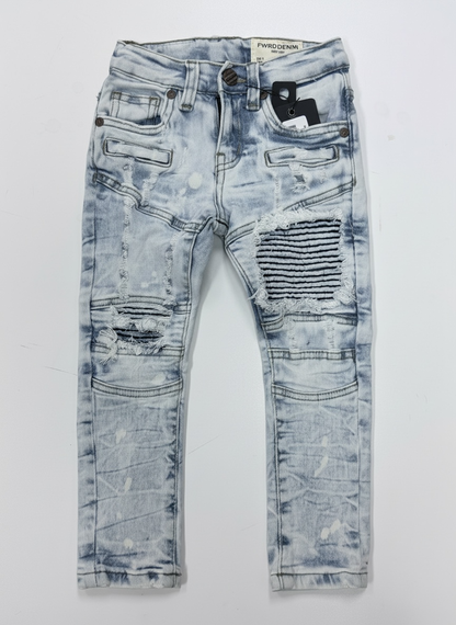 FWRD Kids Moto Denim in ice blue, kids denim jacket featuring a stylish moto design with front pockets and metal zipper details.