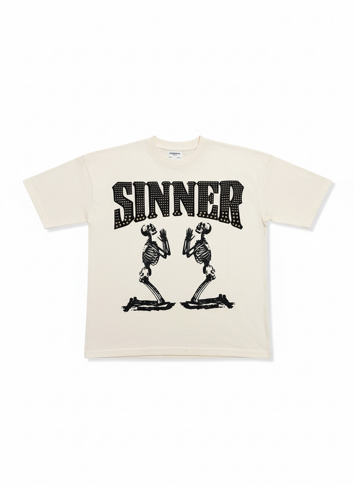 FWRD Skeleton Sinner oversized boxy crop T-Shirt in natural gold, front view showing graphic design and relaxed fit.