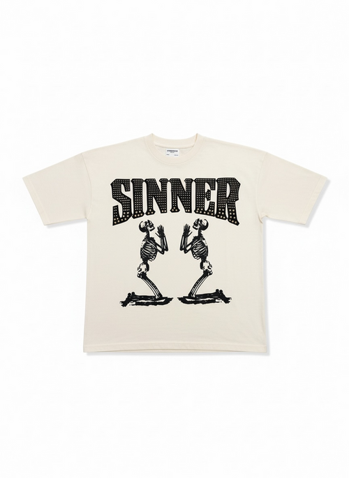 FWRD Skeleton Sinner oversized boxy crop T-Shirt in natural gold, front view showing graphic design and relaxed fit.