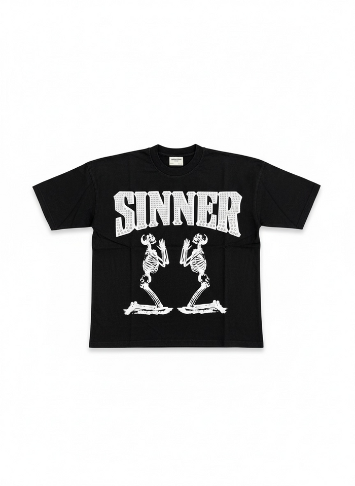 Black FWRD Skeleton Sinner oversized boxed crop T-shirt with skeleton graphic front view