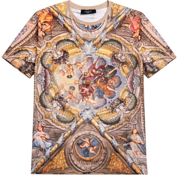 George V men's all-over print tee with rhinestones in vibrant multicolor, featuring intricate design and premium fabric details.